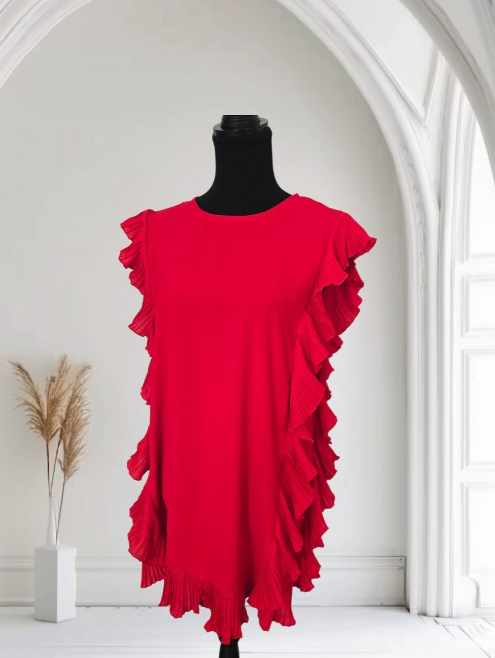 TCEC Red Pleated Ruffle Mini Dress, Size M - Picture 3 of 6
